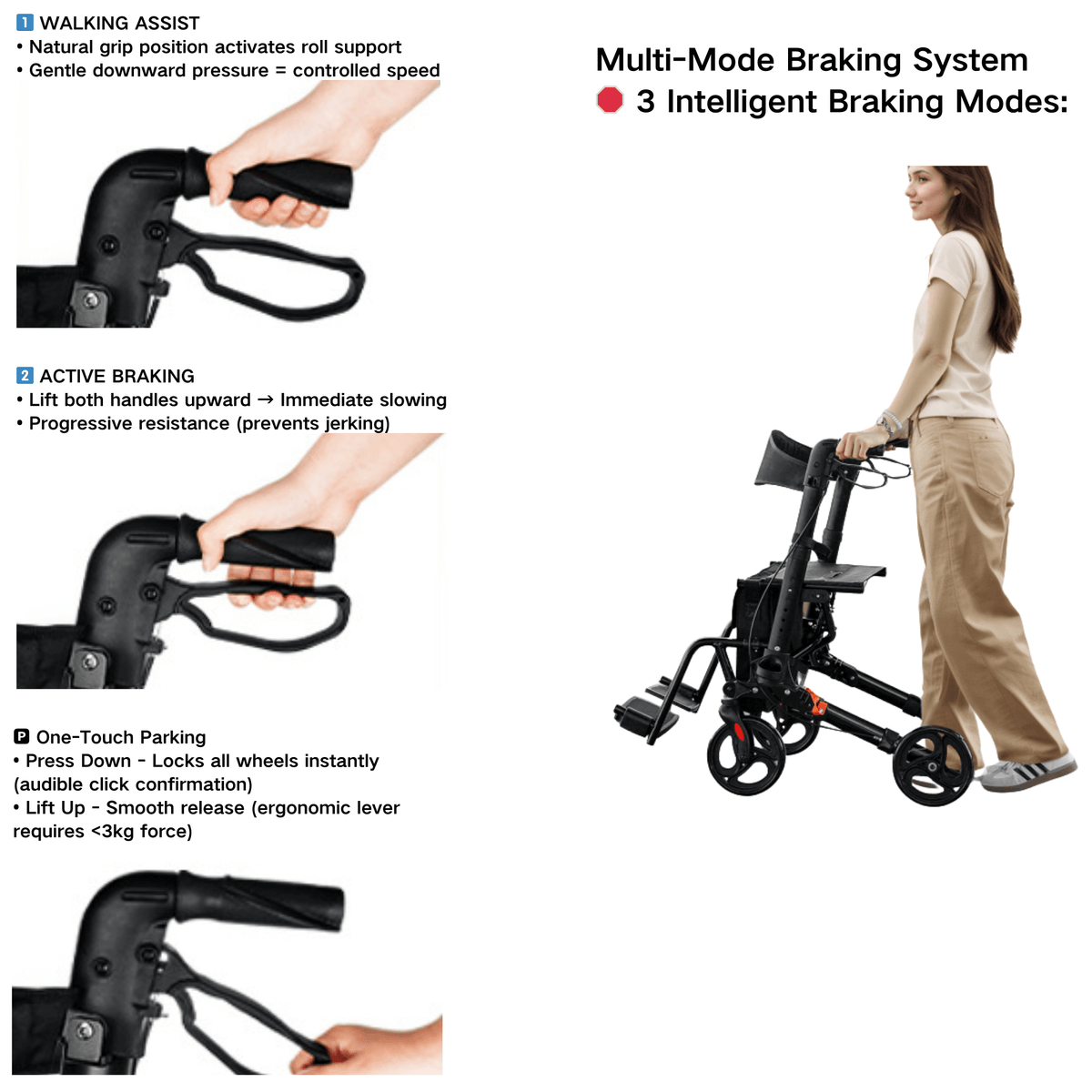 Foldable 4-Wheel Mobility Rollator - Lightweight Aluminum with Seat - ECE
