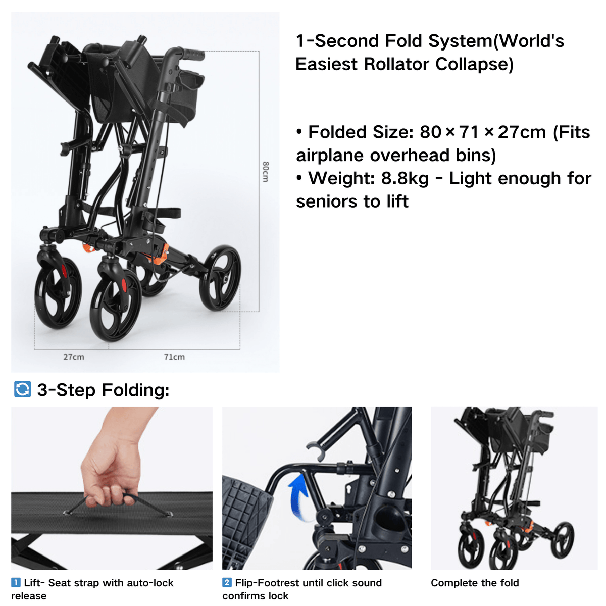 Foldable 4-Wheel Mobility Rollator - Lightweight Aluminum with Seat - ECE