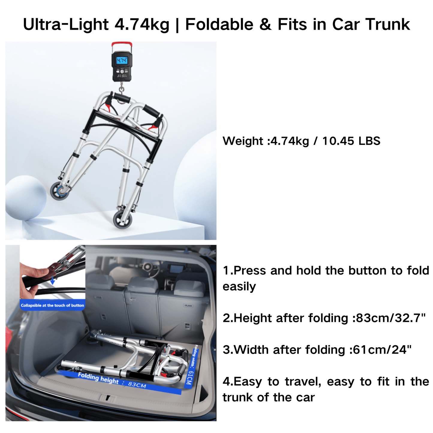 Foldable 4-Wheel Rollator - 100kg Capacity | Lightweight Aluminum - ECE 
