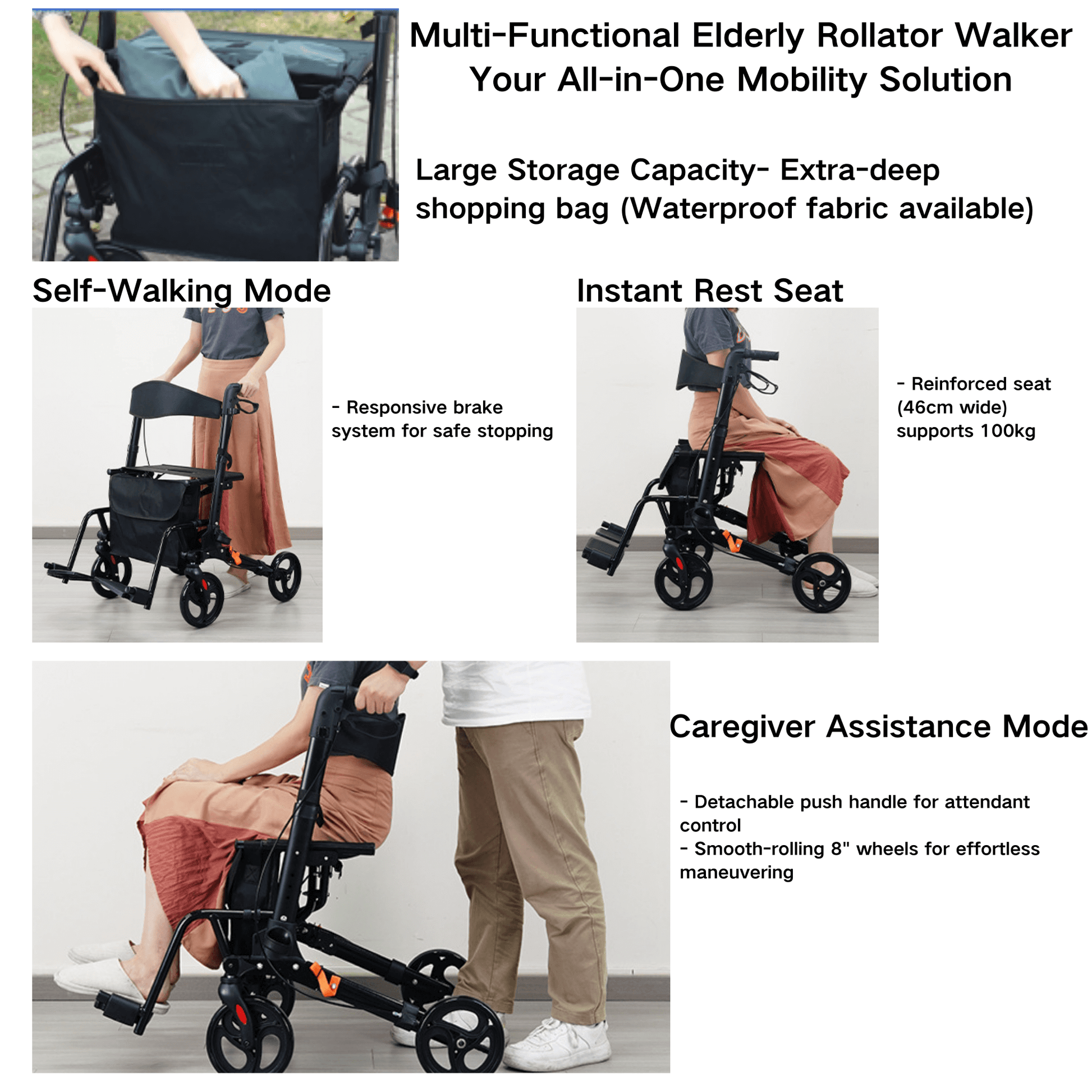 Foldable 4-Wheel Mobility Rollator - Lightweight Aluminum with Seat - ECE 