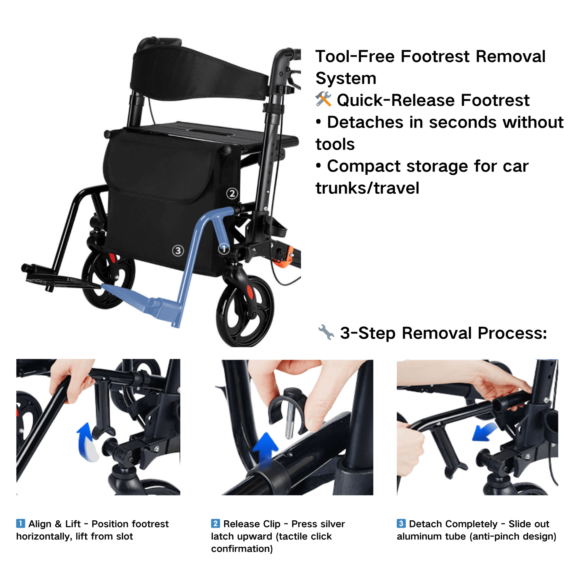 Foldable 4-Wheel Mobility Rollator - Lightweight Aluminum with Seat - ECE 